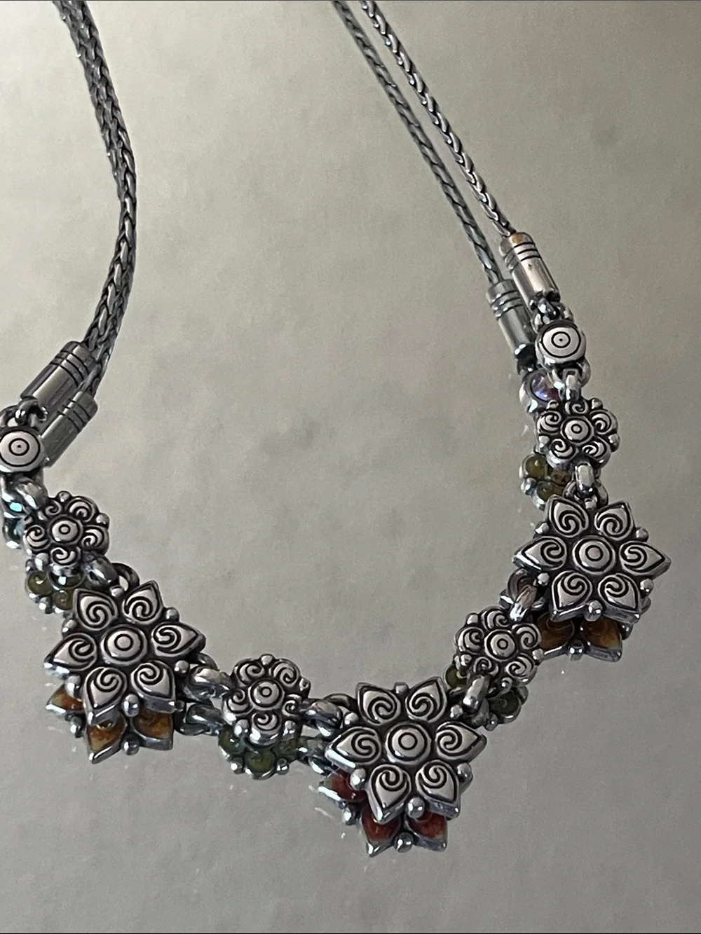 BRIGHTON Garden of Eden Silver Tone Enamel Flower Necklace w/Pouch NWOT